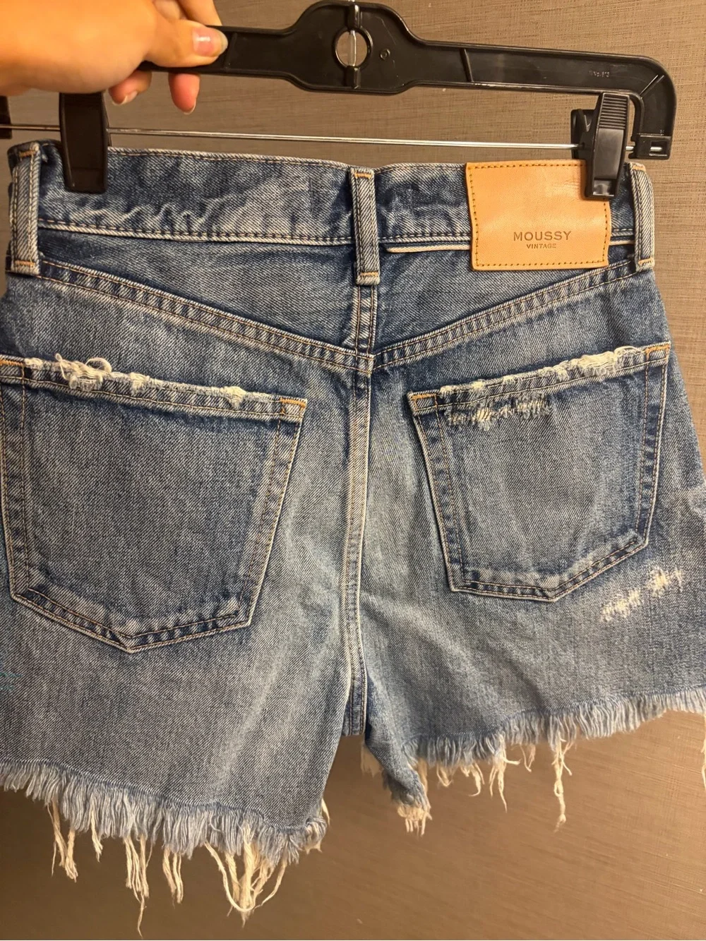 Moussy Frayed Hem Distressed Denim Shorts - Light Blue
